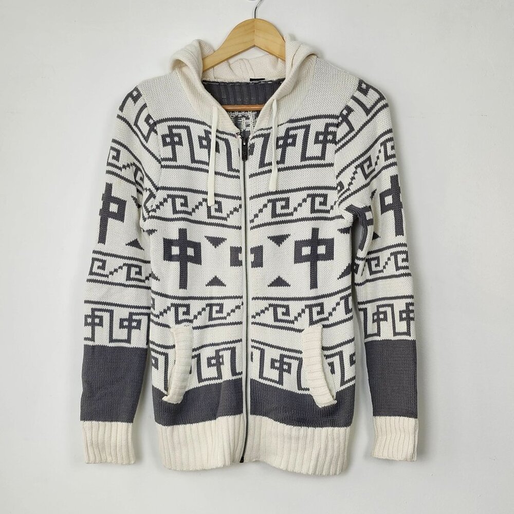 RDS Red Dragon Hooded Sweater White Gray Cotton Knit Zip-Up Tribal Pattern XS